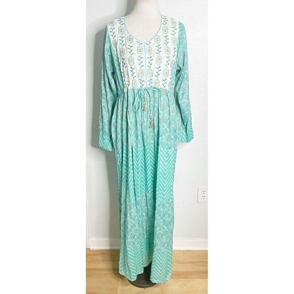 Indian Boho Long  Bohemian Ethnic Floral‎  Maxi Dress Turquoise Blue Gold S/M - Picture 1 of 6